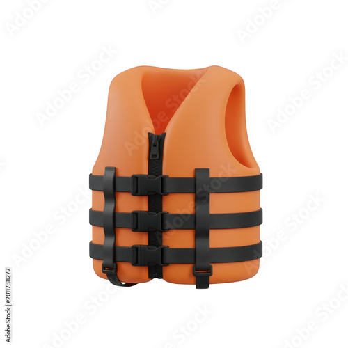 Orange life jacket with black straps isolated on transparent background