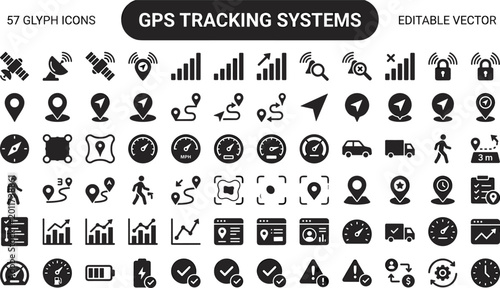 GPS Tracking Systems Icon Set Featuring Location Monitoring, Navigation, Routes, Signals, Vehicles and Real Time Positioning Concepts