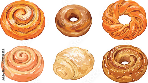 Tableau sur toile Pastry Icon Set Featuring Different Types of Cinnamon Rolls, Donuts, and Sweet B