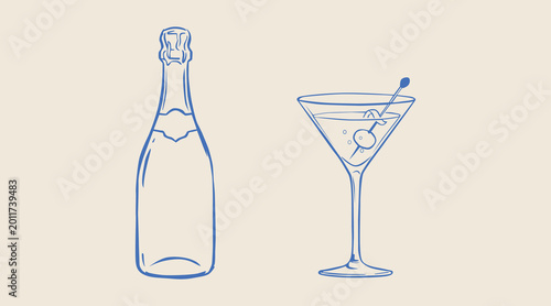 Foto Minimalist martini glass and champagne bottle illustration victor illustration
