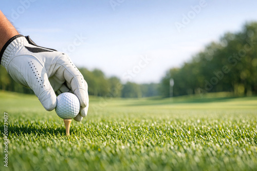 This image shows a person playing golf, getting ready to hit the ball with their club. The focus is on the action of golfing, and it captures the anticipation before the swing.