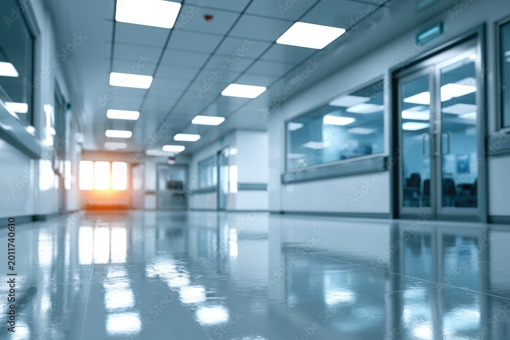 Fototapeta premium A bright, clean, and spacious hospital corridor with reflective floors and modern lighting, illuminated by natural sunlight from the far end.