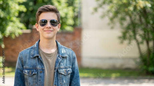 Adolescent wearing mirrored sunglasses, with a confident expression, smiling, against a green outdoor background