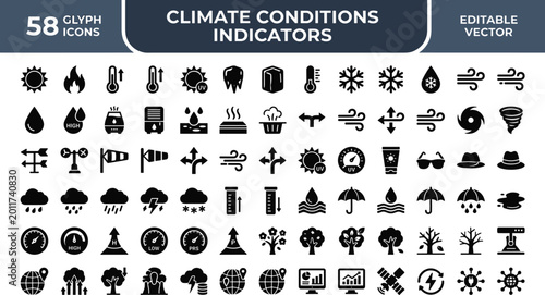 Climate Conditions Indicators Icon Set Featuring Temperature, Wind, Rain, Snow, UV, Air Pressure and Environmental Weather Symbols