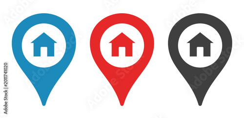 Location icon set. Map pin icon with house icon. Place of residence. Vector flat icon set