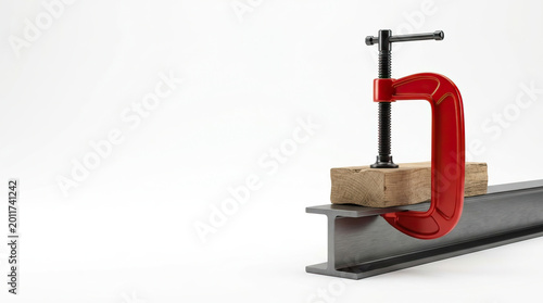 Wooden block secured by red metal clamp on steel beam, symbolizing strength and precision in construction or woodworking projects