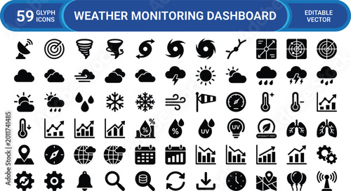 Obraz na płótnie Weather Monitoring Dashboard Icon Set Featuring Forecast, Temperature, Wind, Sto