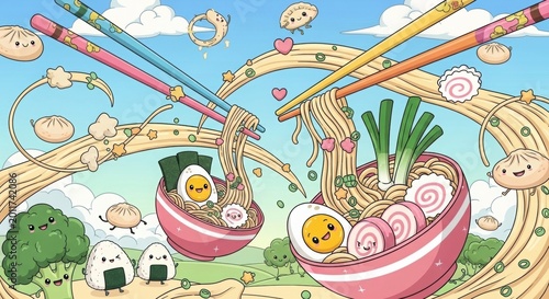 Cartoon noodles with eggs and chopsticks in whimsical landscape