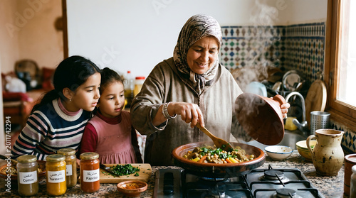 Moroccan grandmother cooking traditional tagine with two young girls in kitchen