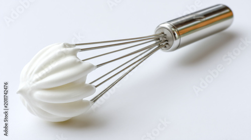 A wire whisk covered in whipped cream with kitchen utensil food preparation egg white stainless