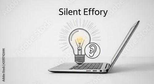 Laptop with creative idea lightbulb and ear icon on screen