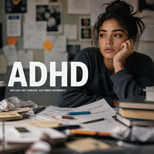 adhd concept distracted professional with scattered papers pens books shallow depth of field warm cool tones creative chaos focus disorganization golden skin undertone off center composition dynamic m