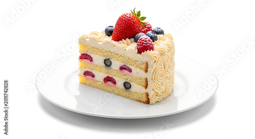 A slice of cake with white frosting and berries on top, served on a white plate