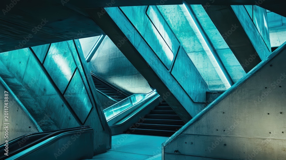 Fototapeta premium Futuristic concrete and steel structures creating complex geometrical compositions, featuring ascending escalators and stairs illuminated by striking teal ambient lighting
