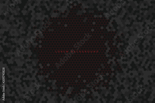 Dark gray and black hexagonal pattern background with red accents