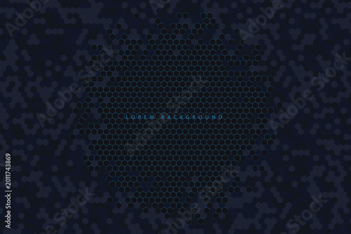 Dark blue hexagon pattern background with light blue text overlay