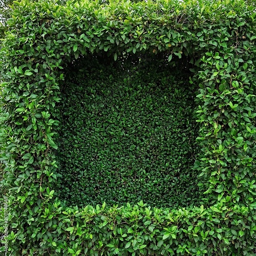 Green leafy hedge with a square shaped hole in the center outdoors