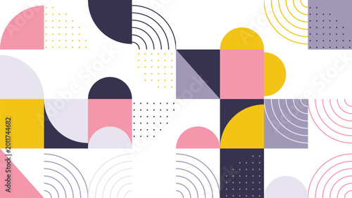 Geometric shapes in pink, yellow, and dark blue form abstract composition