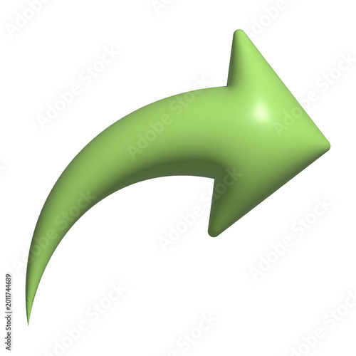 3D green curved arrow pointing right with glossy rounded shape isolated on transparent background