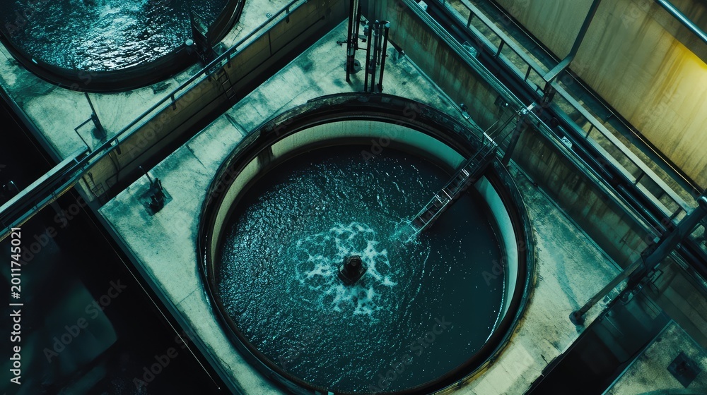 Fototapeta premium Industrial water treatment plant capturing an aerial view of large circular tanks processing and purifying water through filtration and sanitation for environmental sustainability and public utility