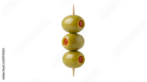 Three green olives with pimentos on a toothpick for snack or appetizer transparent background