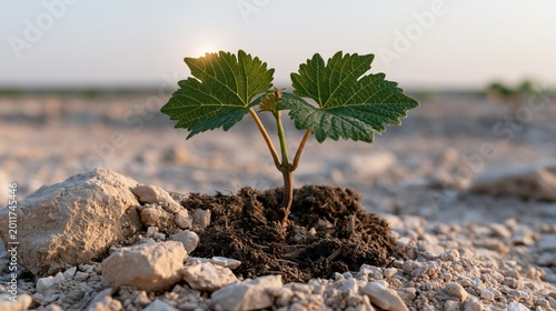 Tiny green shoot breaks through cracked earth