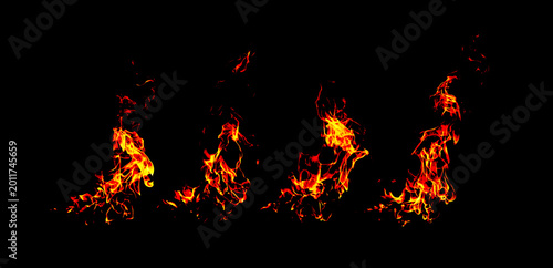 Konstfotografi Burning fire flames isolated on black background with realistic orange and red glow