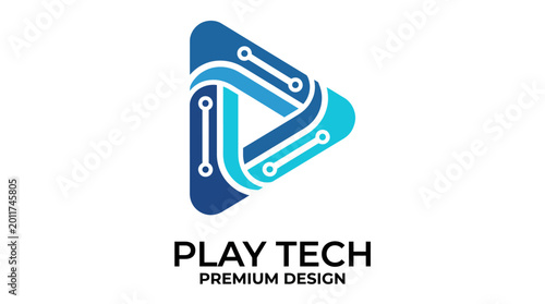 This logo features a sleek play button design intertwined with a technological theme, symbolizing innovation and premium quality in modern design.