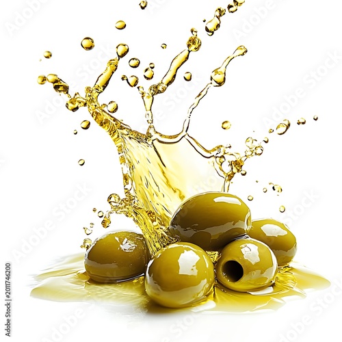 Green olives with oil splashing on them isolated on white background