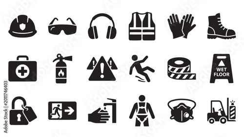 Black safety icons set for workplace protection Vector, illustration