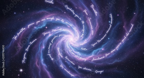 A breathtaking celestial spiral galaxy glows with purple and blue hues, containing inspirational words and affirmations written in sparkling starlight, forming a message of hope.