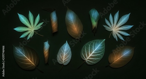 A captivating collection of diverse leaves, each illuminated with a unique bioluminescent glow of blue, green, and orange hues, against a dark background.
