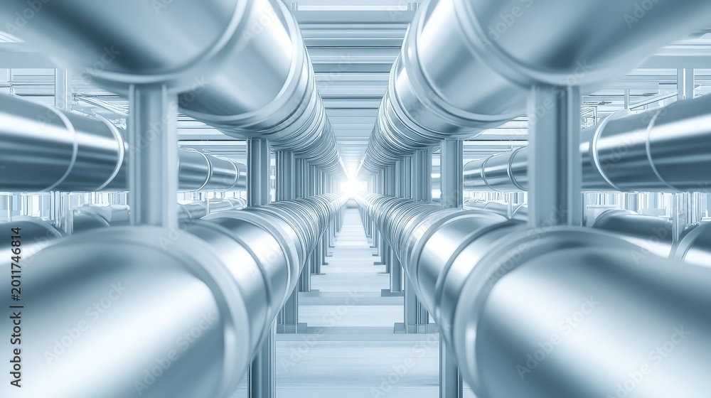 Fototapeta premium Multiple rows of polished metal pipelines extend into the distance, conveying liquids or gases through a futuristic industrial facility, representing connectivity, logistics, and infrastructure