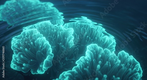 An underwater close-up of magnificent bioluminescent coral glowing with an intense turquoise light beneath the rippling surface of dark ocean water.
