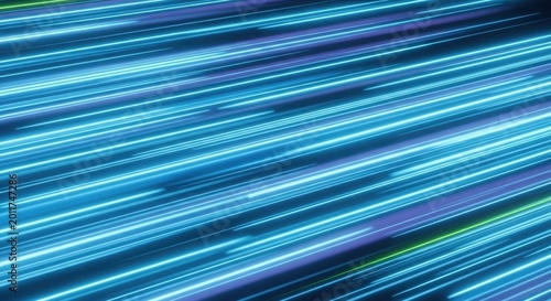 Hypnotic bright blue and purple neon light trails streak diagonally across the frame, creating a dynamic and futuristic abstract background suggesting speed and digital connectivity.