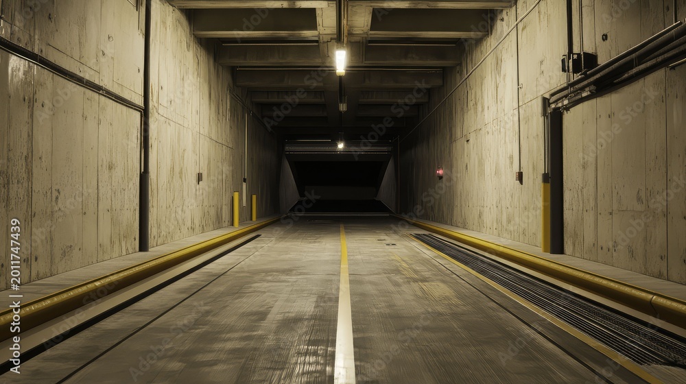 Fototapeta premium Concrete tunnel extending into darkness, featuring industrial architecture, linear perspective, and guiding yellow lines, creating a concept of unknown paths and future journeys