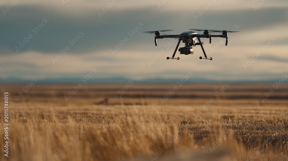 Fototapeta premium Professional drone capturing aerial views of a vast golden field under a cloudy sunset sky, highlighting modern technology in rural landscapes for survey and monitoring