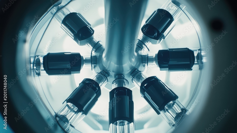 Fototapeta premium Complex array of transparent tubes and circular machinery converging on a central axis, evoking advanced particle accelerator technology, high speed energy research, and precision engineering