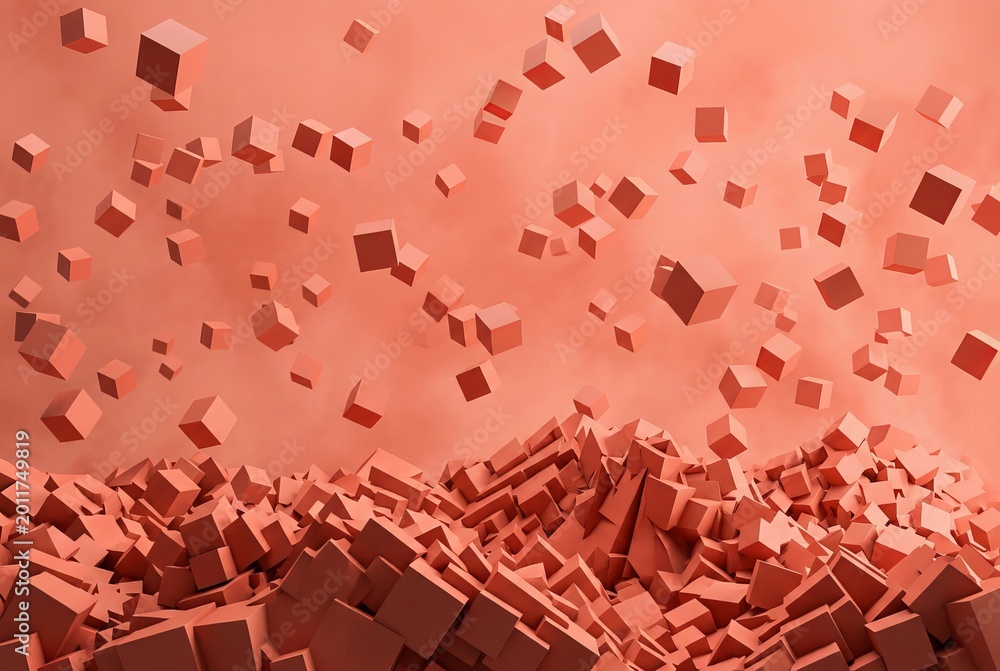Fototapeta premium Abstract 3D Rendering of Exploding Red Cubes in Mid-Air.