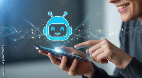 Chatbot icon on smartphone screen held by person, digital communication concept