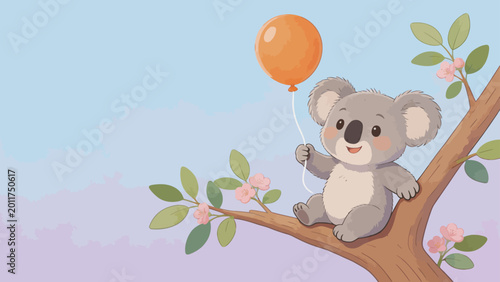 Photography Koala on tree with balloon