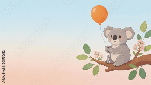 Photography Koala on tree branch with balloon
