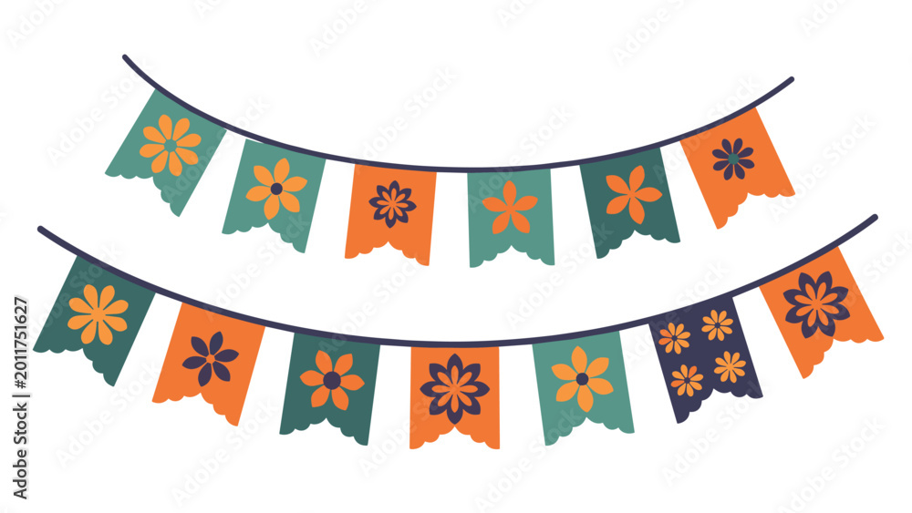 Fototapeta premium Cheerful and colorful illustration of two strings of festive bunting flags adorned with charming floral patterns, perfect for celebrations and decorations.
