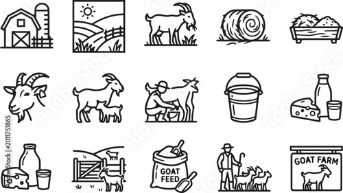 Bild auf Leinwand Goat farm icon set depicting agriculture dairy production livestock care and organic country life scenes