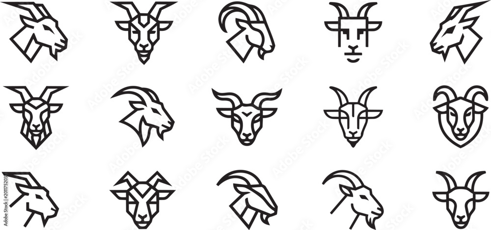 Obraz premium Creative goat head line art collection with various geometric profiles and front view animal portraits.