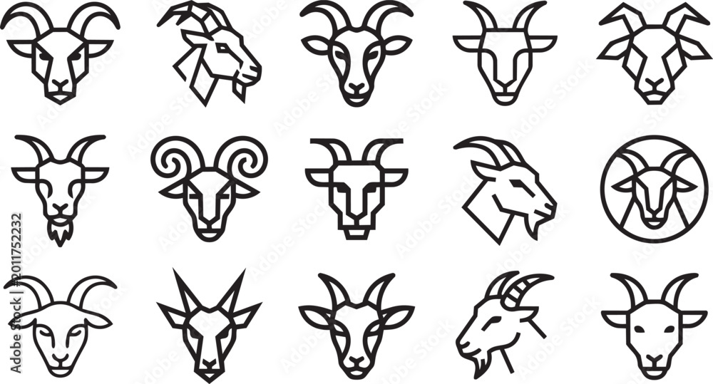 Obraz premium Modern goat profile and front face icons using minimalist geometric line art for dairy farm branding.