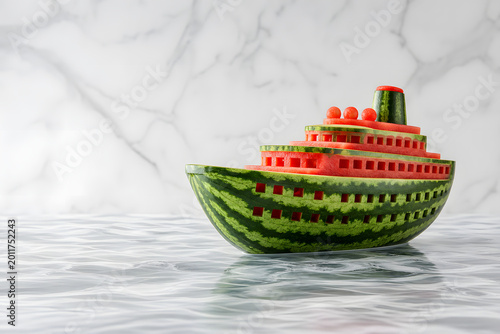 Watermelon hollowed into a cruise ship sailing on a marble sea