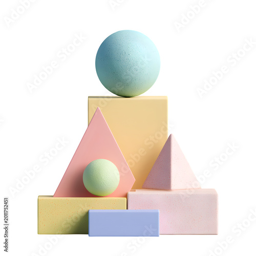 Abstract Composition of Pastel Geometric 3D Shapes and Blocks on White Background
