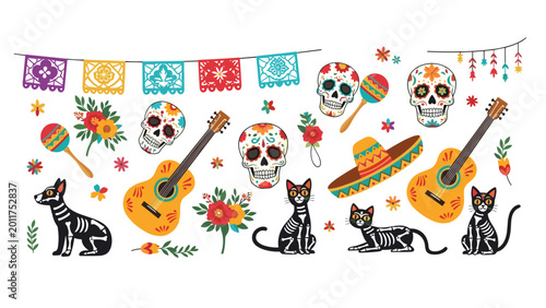 Colorful collection of elements for Day of the Dead celebration, including vibrant sugar skulls, guitars, maracas, decorative banners, skeleton cats and dog, and floral accents.