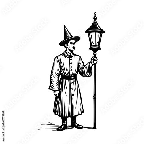 Vintage traditional lantern bearer illustration in engraved monochrome oriental style. Concept of Lunar New Year celebration and Asian cultural heritage - ceremonial figure